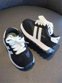 1 par de zapatillas deportivas planas, casuales y lindas con diseño de gancho y bucle de bloques de color para niños pequeños, adecuadas para primavera y otoño - Negro - Ver 2