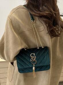 2024 New Arrival Fashion Korean Style Personalized Embossed Rhinestone Letter Casual Shoulder Bag, Simplistic Messenger Bag, Crossbody Bag - Dark Green - View 5