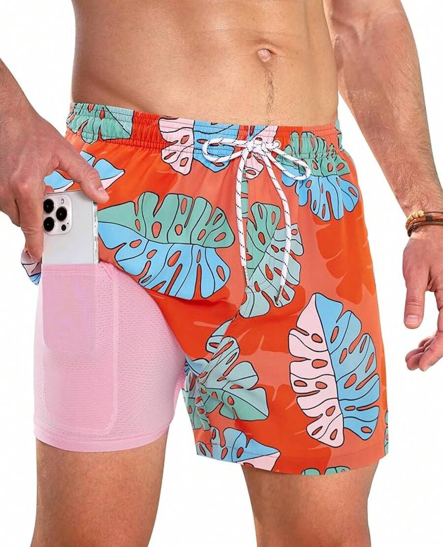 Swim Trunks Mens 5 Inch Inseam Compression Liner Short Men Bathing Suit Lined Swimming Shorts Men's Swim Suits - 夏威夷葉 - 查看 1