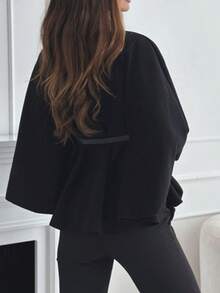 Women's Fashionable Elegant Short 3/4 Sleeve Stand Collar Loose Woolen Coat With Belt, Winter - Black - View 2