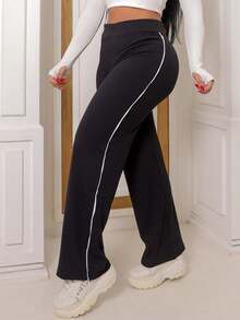 Women's Ribbed Pants With Side Detail White Cotton And Elastane Comfortable Casual Women's Fashion - 黑色 - 查看 2