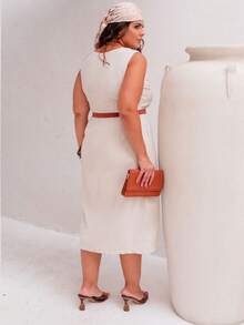 Plus Size Linen Midi Dress Casual Elegant Linen Evening Holiday Wedding Office - Màu be - Xem 2