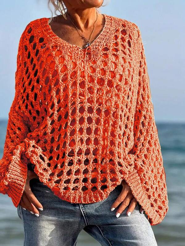 Plus Size Women Spring/Summer Solid Color Hollow Knitted Loose Oversize Casual Beach Holiday Cover Up