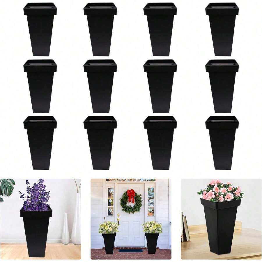12 Pcs Flower Buckets 13.4 Inch Modern Floral Bucket Freestanding Plastic Flower Vases Floral Centerpiece Container For Table Home Wedding Party Decoration Decor (Black)[Best Gift For Family&Friends] - 黑色 - 查看 1
