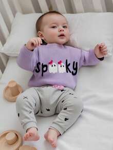 Toddler Baby Girls Halloween Knit Sweater Long Sleeve Letter Ghost Embroidery Crewneck Pullover Sweater Tops Infant Halloween Clothes - Màu tím - Xem 6