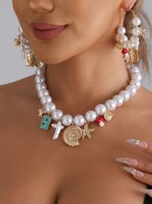 Faux Pearl Marine Life Necklace And Earring Set, With Assorted Charms - Starfish, Shell, Turtle, Mushroom Jewelry Set