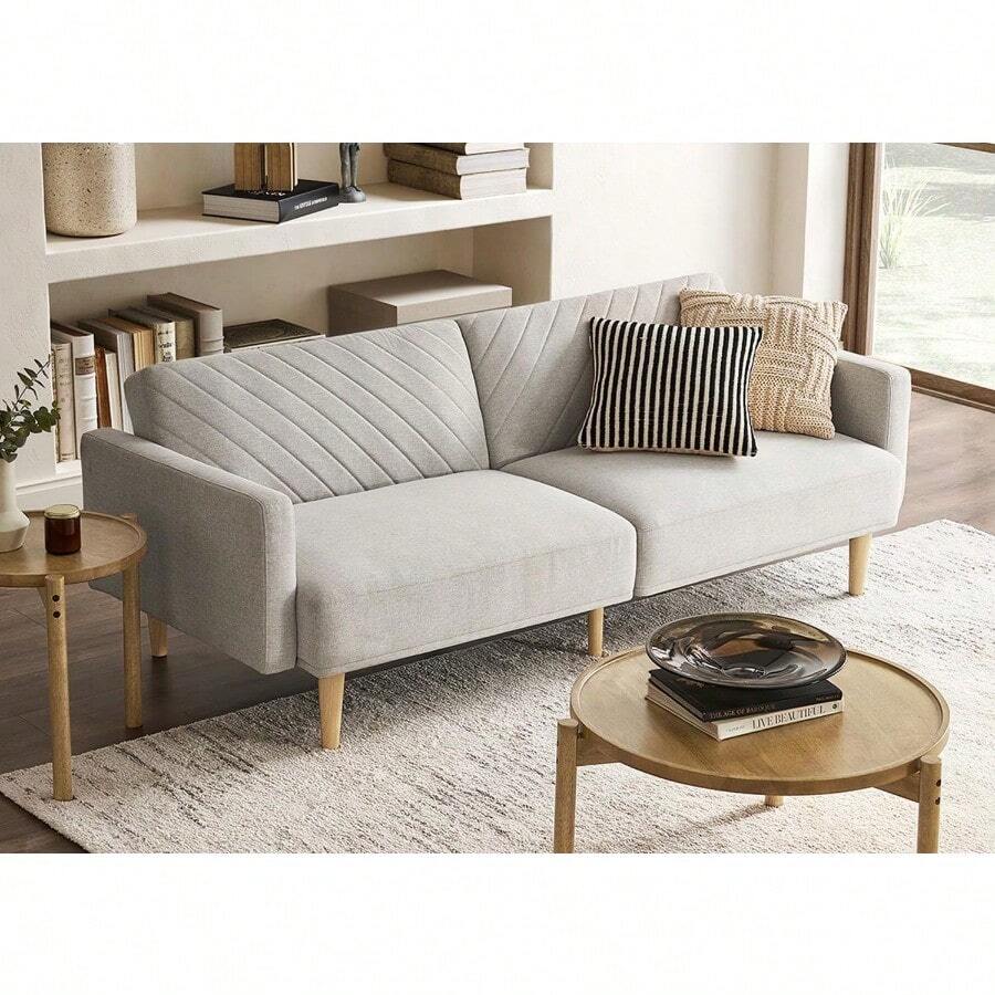 Mopio 76.8" Futon Sofa Bed, Small Couch, Sleeper, Loveseat, Mid Century Modern Futon Couch, Sofa Cama, Couches For Living Room (Old Rosa Velvet) - Light Gray Fabric - View 1