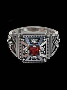 1 件复古绅士红色方形锆石戒指，商务/婚礼/订婚/派对珠宝礼物 - 銀色 - 查看 11