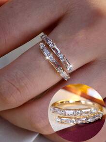 1pc Women Fashion Versatile Double-Layer Fully Rhinestone Adjustable Ring, Suitable For Daily Wear And Gift