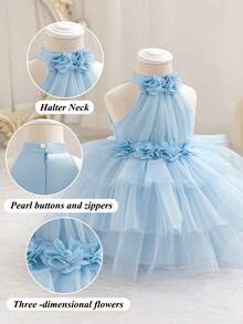 女婴花卉 3D 装饰无袖薄纱浅蓝色连衣裙，优雅公主裙，适合女孩 1 岁生日礼物、宴会、派对、特殊场合、节日庆祝、连衣裙 - 淺藍色 - 查看 4
