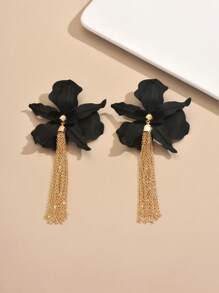 1 paire de boucles d'oreilles à fleurs exagérées et élégantes avec une chaîne et des franges, boucles d'oreilles longues polyvalentes pour femmes