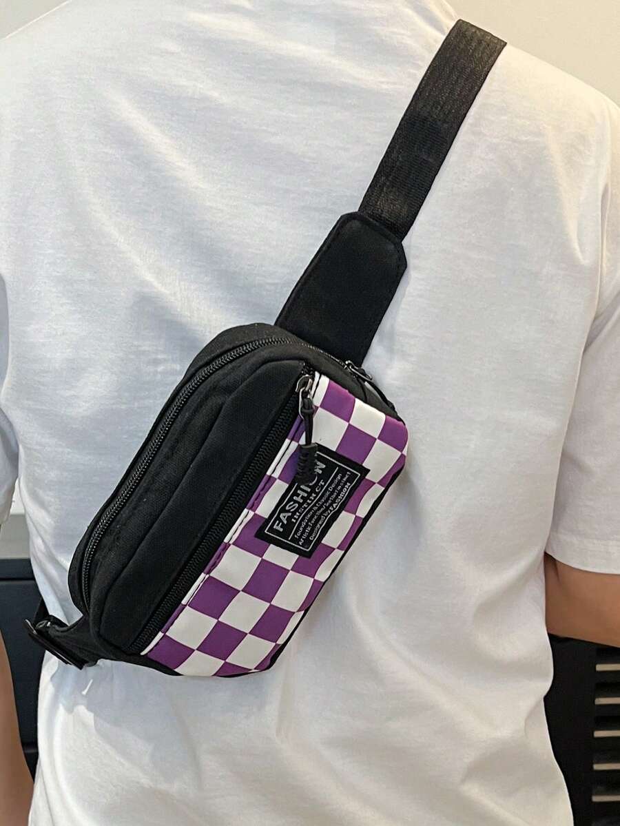 尼龙格子拼布面料休闲运动风时尚男士胸包，多功能简约手机和零钱包 - 彩色 - 查看 1