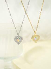 1pc Angel Wing & Heart Shaped Gold Plated Zirconia Embedded Pendant Necklace, Fashion Versatile Jewelry For Women Wedding/Date, Gift For Holidays