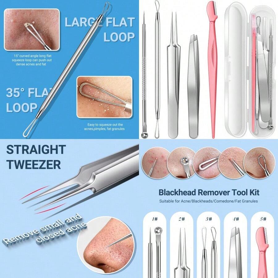 Conjunto de herramientas para eliminar puntos negros, pinzas para cabello encarnado, kit de herramientas para reventar espinillas, extractor de puntos negros, pinzas para cejas para mujeres - Rojo- - Ver 1