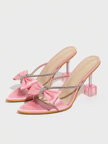 女士时尚迷人水钻蝴蝶结露趾拖鞋，优雅舒适休闲派对宴会婚礼舞蹈细高跟鞋，适合春夏季礼服，水钻透气带高跟凉鞋，迷人粉色情人节高跟拖鞋