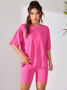 Women's Solid Color Casual Round Neck T-Shirt And Shorts Set - Hot Pink - View 3