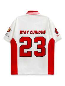 1 pezzo Camicia stile sportivo con collo a baseball, stampa grafica con numero 23, abbigliamento casual, uomo manica corta, moda giovane - Rosso - Visualizzare 2