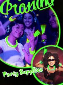 100 مجموعة من عصي الإضاءة الخضراء والقلائد المضيئة، مناسبة لديكورات حفلات الكبار وهدايا الحفلات. هذه العناصر يمكن أن تضيء باستمرار لمدة 8 إلى 12 ساعة. لها تأثير الإضاءة الليلية، مما يجعل هدايا الحفلات تلمع بشكل لامع. أساور اليد والقلائد والأضواء النيون وعصي الإضاءة المضيئة لحفلات الزفاف