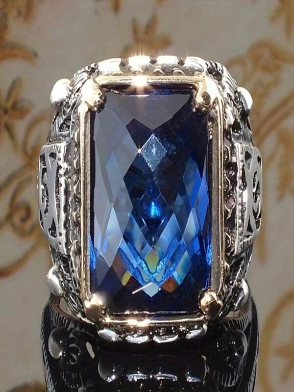 1 قطعة خاتم مكعب زركونيا أزرق مربع أنيق للرجال، هدية مجوهرات للزواج والخطوبة والحفلات