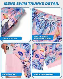 Bañador de hombre con forro de compresión, pantalón corto de baño de 5 pulgadas de entrepierna para hombres - Loro rosa - Ver 4