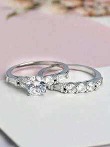 Set de 2 anillos con circonita cúbica elegante para mujer, joyería para San Valentín, boda, aniversario, fiesta