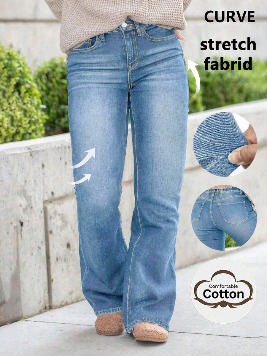 Plus Size Women's Casual Denim Flared Pants, Elastic High Waist Flared Long Trousers, Slimming, Suitable For Commuting In Summer - Rửa trung bình - Xem 1