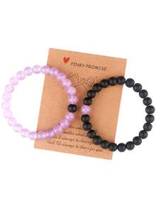 2pcs/Set 8mm Pink, Light Purple, Black & White Handmade Beaded Elastic Couple Bracelets, Gift Card Included For Valentine's Day - Bracelet - View 8