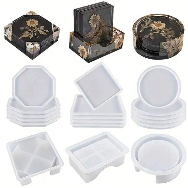[Molde de Silicone de Resina] Molde de Silicone para Descanso de Copo com Bases Redondas, Quadradas e Octogonais, Adequado para Resina Epóxi, DIY Arte e Artesanato de Descanso de Copo