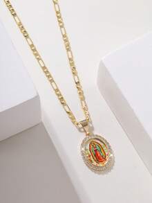 1 st. trendigt och enkelt handmålat kopparhalsband med jungfru Maria av Guadalupe, lämpligt som present till mor/alla hjärtans dag-par/systrar/vänner/faddrar, vardags- och festkläder - Gult guld - Visa 2