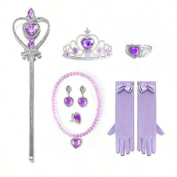 Conjunto de Colar com Pingente em Forma de Coração de Princesa, Conjunto de Joias com Coroa e Varinha Mágica