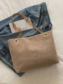 1pc Polyester Deer Pattern Decorative Large Capacity Zipper Shoulder Tote Bag, Suitable For Women's Daily Use - Khaki - View 6