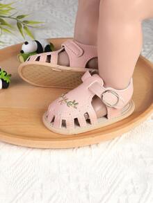 1 Pair Girls Embroidered Printed Magic Tape Design Flat Sandals Princess Shoes, Suitable For Spring, Autumn And Summer - Pink - View 4