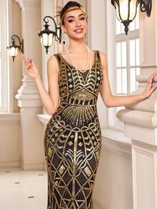 Lvnes 长款优雅串珠刺绣礼服女式盖茨比连衣裙华丽复古派对礼服 - 黑金 - 查看 1