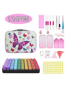 204 piezas Caja de almacenaje y kit de herramientas completo para pintura de diamantes DIY - Bolsa de almacenaje con mariposa, que incluye bandeja de color degradado, bolígrafo rodante, set de bolígrafos para aplicar los puntos, múltiples botellas de almacenaje, embudo, pegatinas, etc. Mejor regalo festivo para principiantes en manualidades y aficiones - Multicolor - Ver 12