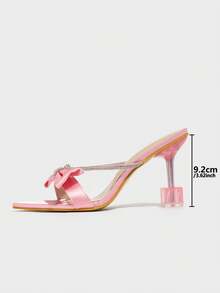 女士时尚迷人水钻蝴蝶结露趾拖鞋，优雅舒适休闲派对宴会婚礼舞蹈细高跟鞋，适合春夏季礼服，水钻透气带高跟凉鞋，迷人粉色情人节高跟拖鞋