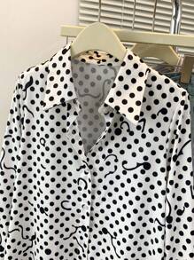Women's High-Low Hem Polka Dot Print Longline Collared Shirt - Stage-Ready Concert Blouse For Date Nights/Festivals/Travel, All-Season Versatile Oversized Top With Front-Crop Design