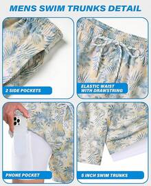 Bañador de hombre con forro de compresión, pantalón corto de baño de 5 pulgadas de entrepierna para hombres - Azul Amarillo - Ver 4