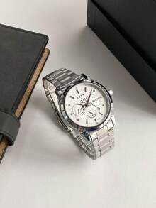 1 件男士石英钢带日期手表，高端奢华手表，理想的男士礼物