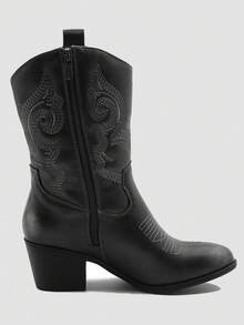 GLOBALWIN Women's Mid Calf The Western Cowgirl Boots Fashion Cowboy Boots For Women Chunky Low Heel Fall Boots Halloween Season - 黑色 - 查看 6