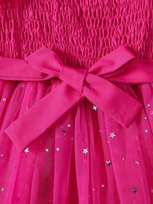 女孩优雅夏季网眼连衣裙，采用吊带和抽绳设计，与星月网眼连衣裙拼接而成，非常适合生日派对、大学派对或其他特殊场合 - 玫紅色 - 查看 6