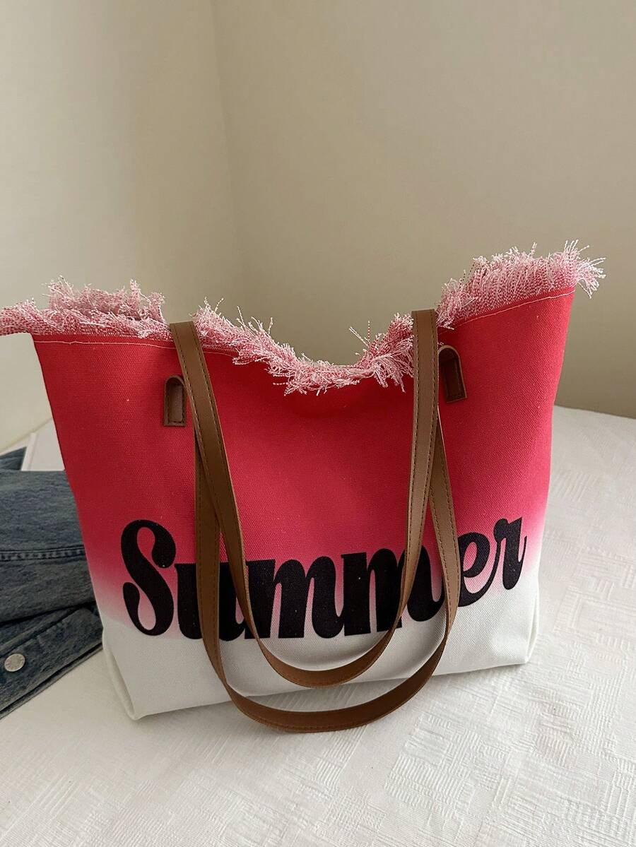 校园风格大容量女士单肩包，休闲百搭条纹帆布手提包，适合大学、度假，渐变条纹手提包 - 紅色 - 查看 1