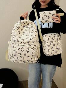 3 Pieces Set Solid Color Nylon Casual Fresh Style Strawberry, Bow Knot, Cherry Allover Printed Lanyard, Foldable Large Capacity Zipper Backpack, Suitable For Women,College Students, Going To School, Shopping, Travel Storage Bag