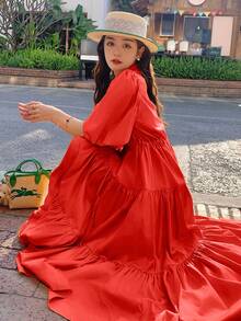 女式春夏休闲度假短款泡泡袖抽绳腰部 A 字长衬衫裙 - 紅色 - 查看 2