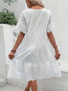 Women's Elegant Embroidered Lace Dress, Loose And Comfortable, Round Neck, Midi Skirt, Suitable For Daily Casual Outings - 白色 - 查看 3