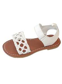 Sandalias planas para niñas de estilo sencillo y de moda, con decoración de cinturón tejido de material, sin puntera abierta, de suela plana y con cierre de gancho y bucle, adecuadas para uso diario, viajes, juegos de verano, actividades en la playa y otras ocasiones