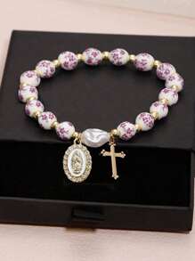 1 pièce Magnifique et délicat bracelet en céramique avec perles dorées et perles baroques artificielles, avec Vierge Marie et pendentif en acier inoxydable. Un excellent cadeau/bijou chrétien/cadeau chrétien