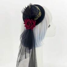 1pc Gothic Retro Steampunk Mini Top Hat With Skull, Feather, Rose Chain Decoration - Anime Vampire Theme Party Women Headpiece, Non-Stretch Brocade, Dark Headdress With Feather Accent Halloween - Multicolor - View 3