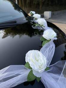 1 Set Of 9 Rose Flower With Leaves And Organza, Wedding Car Decorations, Wedding Ceremony And Party Decor, Non-Damaging To Paint, Car Decoration In Red/White/Blue - A - View 10