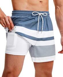 Mens Swim Trunks With Compression Lined Short Bathing Suits For Men 5 Inch Inseam Liner Men's Swimming Trunk - Stripe Royal - View 1