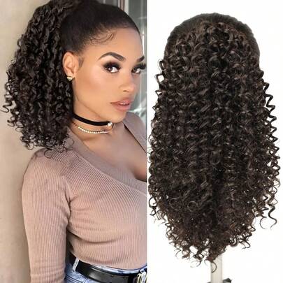 CECILIA Rabo de Cavalo Cabelo Sintética de Onda Profunda Encaracolada com Cordão, Rabo de Cavalo Sintético Com Sensação de Cabelo Grosso, Penteado  Natural,40CM 110G